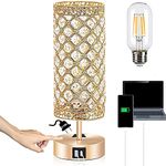 Brabola Gold Crystal Table Lamp, Bedside Nightstand Desk Lamp Touch Control Night Light Women Bedroom Decor Bling Lamps with 4 USB Ports & Bulb Included for Home, Office, Living Room