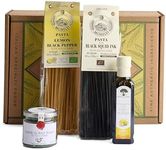 Bellina 4 Piece Italian Gift Basket With Organic Squid Ink Pasta, Organic Lemon Pepper Pasta, Lemon Extra Virgin Olive Oil, & Sea Salt Capers - Gourmet Pasta Gift Basket for Women & Men, Italian Pasta From Italy