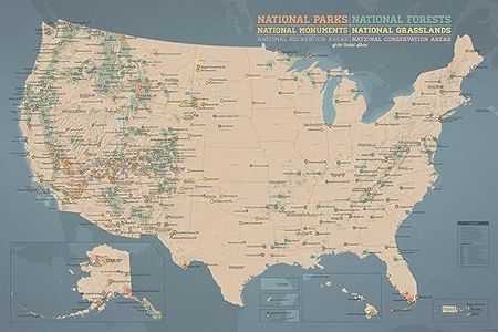 US National Parks, Monuments & Forests Map 24x36 Poster (Tan & Slate Blue)