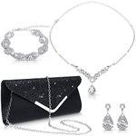 4 Pcs Women Rhinestone Jewelry Set Floral Wave Teardrop Crystal Wedding Necklace Earrings Floral Cluster Wave Bracelet Glitter Envelope Evening Bag Handbag Party Bridal Purse (Stylish Style)