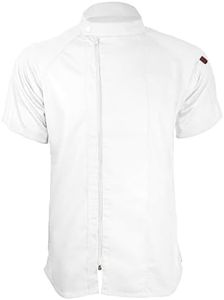 ChefsCloset Jamison Men's Short Sleeve Chef Coat – Modern Mens Chef Jacket for with Offset Zipper and Mesh Panels (White, X-Large)