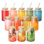 Finew [12 Packs] Drinking Glasses with Bamboo Lids and Glass Straws, 16oz Iced Coffee Cup, Can Shaped Glass Cups, Smoothie Cup, Glasses Tumbler for Beer, Cocktail, Milkshake, Tea