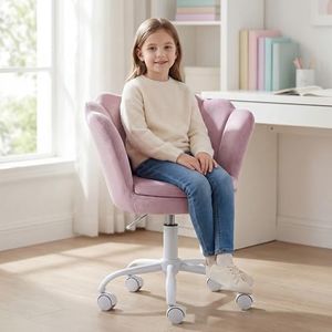 DM Kids Desk Chair Ergonomic Reading Study Computer Chair for Students Cute Modern Upholstered Velvet Swivel Rolling Arm Chair for Girls Bedroom, Seashell Back Adjustable Vanity Chair (Purple)