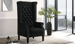 MODERN WAVE Luxury High Chair 57Inch Solid Wood Upholstered Arm Chair Sofa Bench Sofa Couch Wingback High Back Wing Chair Cushioned Lounge Single Seater Chair for Living Room Office Bedroom in Black.