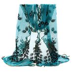 Sanwood Trendy Women Gauze Embroidered Peacock Veil Church Mantilla Scarf Shawl Wrap (Peacock Blue) ¡­