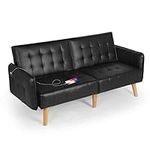 TYBOATLE Faux Leather Convertible 65'' Folding Futon Sofa Bed w/ 2 USB, Loveseat for Small Space, Apartment, Dorm, Living Room, Office, Black