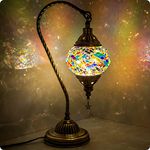 Turkish Moroccan Lamp with Bronze Base - Yarra Decor 3-Way Color Changing Handmade Swan Neck Tiffany Mosaic Glass Bedside Lamps for Bedroom (LED Bulb Included) (Colorful)…