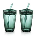 Joeyan 450ml Green Glass Cup with Straw and Lid - Set of 2 Smoothie Cups with Straw - Colored Ripple Drinking Cup for Coffee, Juice, Cocktail, Mixed Drinks