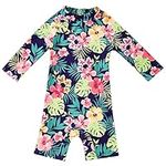 upandfast Baby Girls Swimwear UV Protection Long Sleeve One Piece Zip Swimsuits(Navy Flower,24-36 Months)