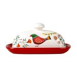 Porcelain Butter Dish with Lid, 8 inch Butter Keeper Container for Countertop, Butter Holder with Handle Cover for East/West Coast Butter (Red)