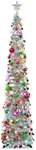 N&T NIETING Pop Up Silver Mix Tinsel Christmas Tree with Lights & 40 Balls, 6Ft Collapsible Skinny Christmas Tree for Holiday Xmas Home Office Decor, Silver