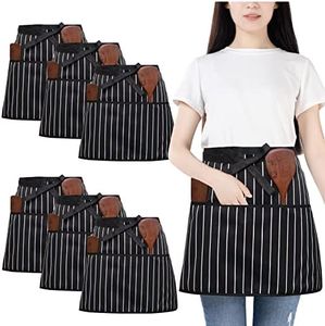 6 Pack Black Waist Apron, Waitress Apron with 3 Pockets, Waterproof Half Apron for Men and Women, Chef Apron for Cooking Cleaning Painting Gardening Bistro Restaurant (Stripe)