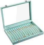 Frebeauty 15 Hooks Necklace Tray Velvet Neck Organiser with Clear Lid Lockable Necklace Holder Box Jewellery Organiser for Pendant Chains Necklace Jeweley Tray for Women Girls (Turquoise)