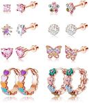 JeryWe 8 Pairs Hypoallergenic Screwback Earrings Studs for Women 316L Stainless Steel CZ Heart Hoop Earrings Cute Flower Butterfly Screw Back Stud Earrings Set 20G