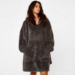 Sienna Oversized Hoodie Blanket Teddy Glitter Fleece Warm Cosy Fluffy Throw Wearable Blanket Hoodie Sweatshirt with Large Pocket for Women Adults, One Size - Charcoal Grey