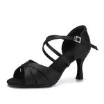 HROYL Women Latin Salsa Dance Shoes Open Toe Ballroom Practice Performence Dancing Shoes, EM-L3047-DB-Black-7-S,UK 4.5