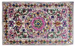 Original Kikan Rectangle Floral Suzani Art Sequinned Indian Wall Hanging Tapestry Cotton Embroidered Runner Ethnic boho (White)