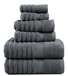 Ribbed Grey Bath Towels - 100% Cotton Bath Towel Set, Zero Twist, Soft Textured Bathroom Towels Set, Quick Dry, Luxury Towels, 2 Bath Towels, 2 Hand Towels, 2 Wash Cloths for Body & Face - 6 Piece Set