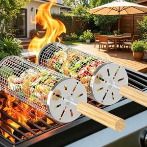 Rolling Grill Basket with Removable Wooden Handle, 304 Stainless Steel, Nesting Grilling Net BBQ Tool Accessories for Veggies, Shrimp, Outdoor Cooking, Camping Ideal Christmas Birthday Gifts