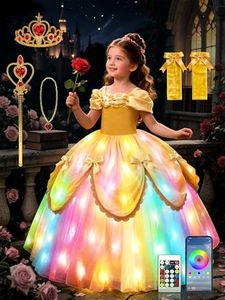 Princess Dress for Girls, RGB LED Light Up Syncs Music App Control Dress Up Clothes for Gilrs, Halloween Costume with Accessories Toddler Princess Dress for Birthday Party, Christmas, 3-9 Years Old