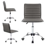 Victone Mid Back Vanity Chair for Makeup Room, Low Back PU Leather Swivel Computer Desk Chair, Task and Office Chair Retro with Armless Ribbed (Grey)