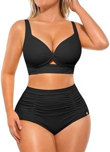 SHAPELLX Women's Twist Front Bikini Tummy Control 2 Piece Swimsuits High Waisted Bikini Sets Adjustable Wide Straps Bathing Suit (Black, Large)