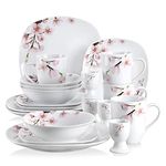 VEWEET, Series Annie, 20-Piece Porcelain Dinnerware Set with Pink Floral, White Plates and Bowls Sets Including Dinner Plates, Dessert Plates, Mugs and Egg Cups, Service for 4