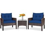 Tangkula 3 Piece Outdoor Patio Furniture Set, Wicker Chairs Set with Glass Top Coffee Table, Thick Cushions, All Weather Garden Lawn Poolside Backyard Porch Furniture Set for 2 (Blue)