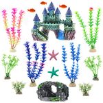 Bumiews Aquarium Decorations Castle Accessories Plastic Plants - 15 Pack Fish Tank Decoration Castle Barrel Hideouts Fish House and Cave Artificial Plants Ornament Anemone Starfish Small