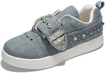 Cape Robbin Denim Platform Sneakers for Women - Buckle Platform Shoes for Women Denim Boots Rhinestone Shoes (Audra) - Denim Size 7