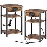 Rolanstar End Table with Charging Station, 3 Tier Slim Nightstand with Storage Shelf, Narrow Side Table with USB Ports & Power Outlets, Steel Frame, for Living Room, Bedroom, Rustic Brown,2 Pack