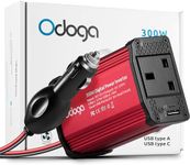 Odoga 300W Car Power Inverter 12V to 240V / 230V Converter, USB-A and USB-C 3A Charging Ports - Charge Your Laptop, iPad, iPhone, Tablet, Consoles & More - Durable and Powerful - Red Aluminum Body