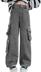 Girls Grey Multi-Pocket Cargo Jeans Baggy Waist Wide-Leg Jeans, B1-Gray, B1-Gray, 8-9 Years = Tag 140