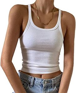 Artfish Women's Sleeveless Tank Top Form Fitting Scoop Neck Ribbed Knit Basic Cami Shirts, 01#short White, Small