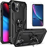 iPhone 13 Mobile Phone Case, with [Tempered Glass Screen Protector Included] STARSHOP Military Grade 12 ft Shockproof Metal Ring Kickstand Drop Protection Phone Cover - Black