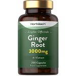 Ginger Capsules 3000mg | 200 High Strength Powder Capsules | Zingiber Officinale Natural Supplement | by Horbaach