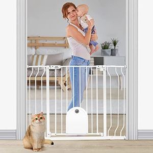 DEVA Baby Gate with Cat Door, Fit 75-111 CM Wide, Easy Install Pressure/Hardware Mounted gate, Easy Walk Thru Large Safety Gate for Stairs/Doorways/House