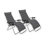 COSMO BUY 2pcs Zero Gravity Garden Sun Lounger Padded Cushions Reclining Portable Folding Chairs Thick Camping Furniture Non-Slip Comfortable Relaxer Indoor & Outdoor (Grey with Grey Cushions)