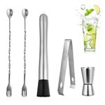 Professional Grade Cocktail Muddler Set, Mojito Muddler Bar Tool Set. Durable Stainless Steel Muddler Pestle, Mixing Spoons, Ice Clip, Measuring Cup, Bar Tool Kit for Mojitos, Drinks, Beverages