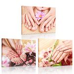 iKNOW FOTO Canvas Set of 3 Wall Art Manicure Painting Hands Foot Bath Massage Spa Still Life with Flowers Pictures Nails Beauty Salon Posters Printed Giclee Print Gallery Wrap for Walls