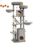 Feandrea Cat Tree, 77-Inch Tall Cat Tower for Large Cats, Multi-Level Plush Cat Condo with 2 Perches, 3 Caves, 2 Baskets, 5 Scratching Posts, 4 Pompoms, Self-Groomers, Light Gray UPCT153W01