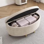 BTM Ottoman Storage Bench, Velvet Storage Ottoman, End of Bed Storage Bench with Storage Box & Metal Legs, Upholstered Bench 90x40x42cm, Beige