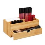 Relaxdays Bamboo Cosmetics Organiser, Multifunctional, 4 Compartments & Drawer, Desk Storage, Natural