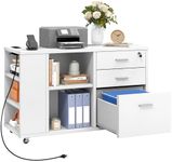 DWVO File Cabinet with Charging Station, 3 Drawer Mobile Office Furniture, Lateral Filing Cabinet with Lock, Printer Stand with Open Storage Shelf for Home Office, White