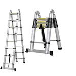 Bigapple Aluminium Folding Step Ladder Portable and Compact 2X8-step Telescopic 2.5m+2.5m Foladable for Household and Outdoor Purpose, Mag Hinge, 150Kg Loading