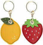 Tomcrazy 2 Pack 3in1 Cartoon Leather Protective Case for Apple Airtag Cover Samsung Galaxy SmartTag Cases Huawei Tag Keychain Access Card Tile Mate 2022 Sticker 2020 Key Ring (1 Strawberry & 1 Lemon)