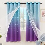 Stiio Star Cutout Curtains for Girls and Boys Bedroom 2 Panels, 2 in 1 Light Blocking Blackout Curtains with Sheer Grommet Window Drapes for Living Room Kids Room, W52 x L63 inches, Blue Purple