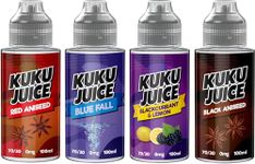 KUKU JUICE Vape liquid 4 x 100ml Red Aniseed, Blue Fall, Blackcurrant & Lemon, Black Aniseed E Liquid 70VG/30PG Vape ELiquid Vaping No Nicotine Short Fill Vape juice