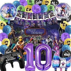 SWOKKTS Gaming Party Birthday Decoration 10 Years, Fortnit Gamer Birthday Decoration 10 Years Set, Video Game Birthday Balloons for Boys Decoration, Play Birthday Banner Foil Balloon and Background