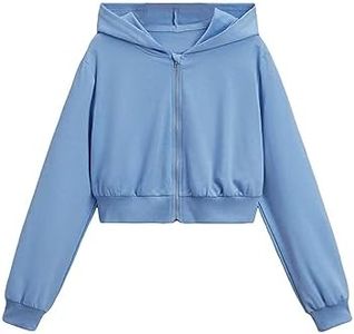 WDIRARA Girl's Zip Front Hoodie Pocket Casual Long Sleeve Sweatshirt Cropped Tops Pure Blue